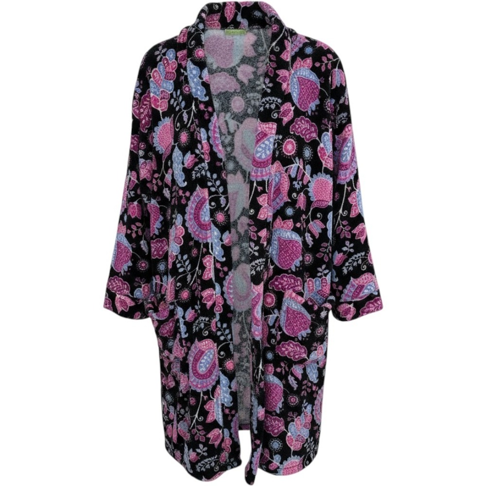 Vera Bradley S/M Hooded Robe Floral Paisley Plush Black Pink Blue Cozy Warm Soft